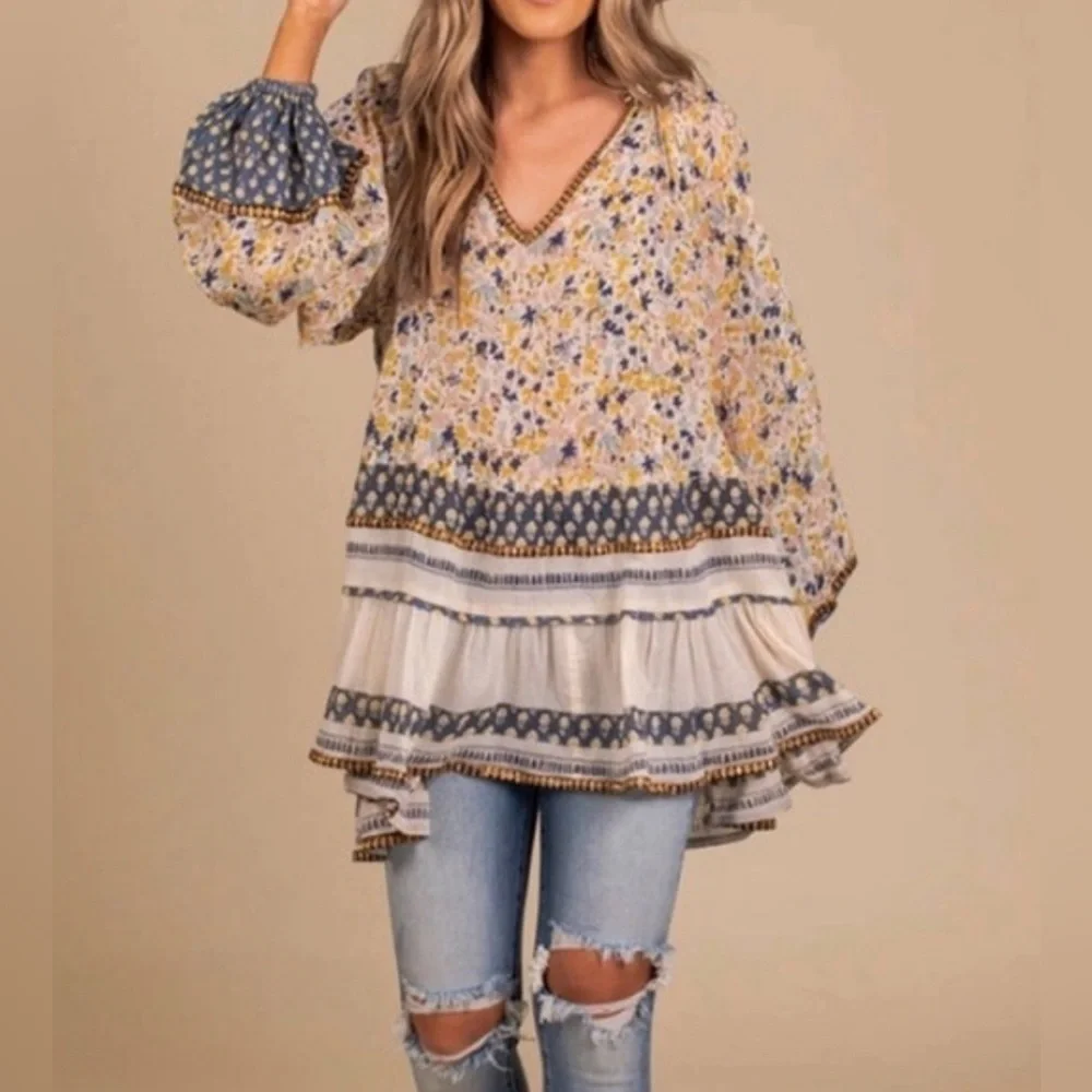 Free People Gardenia Ivory Combo Floral Tunic Top Mini Dress - S